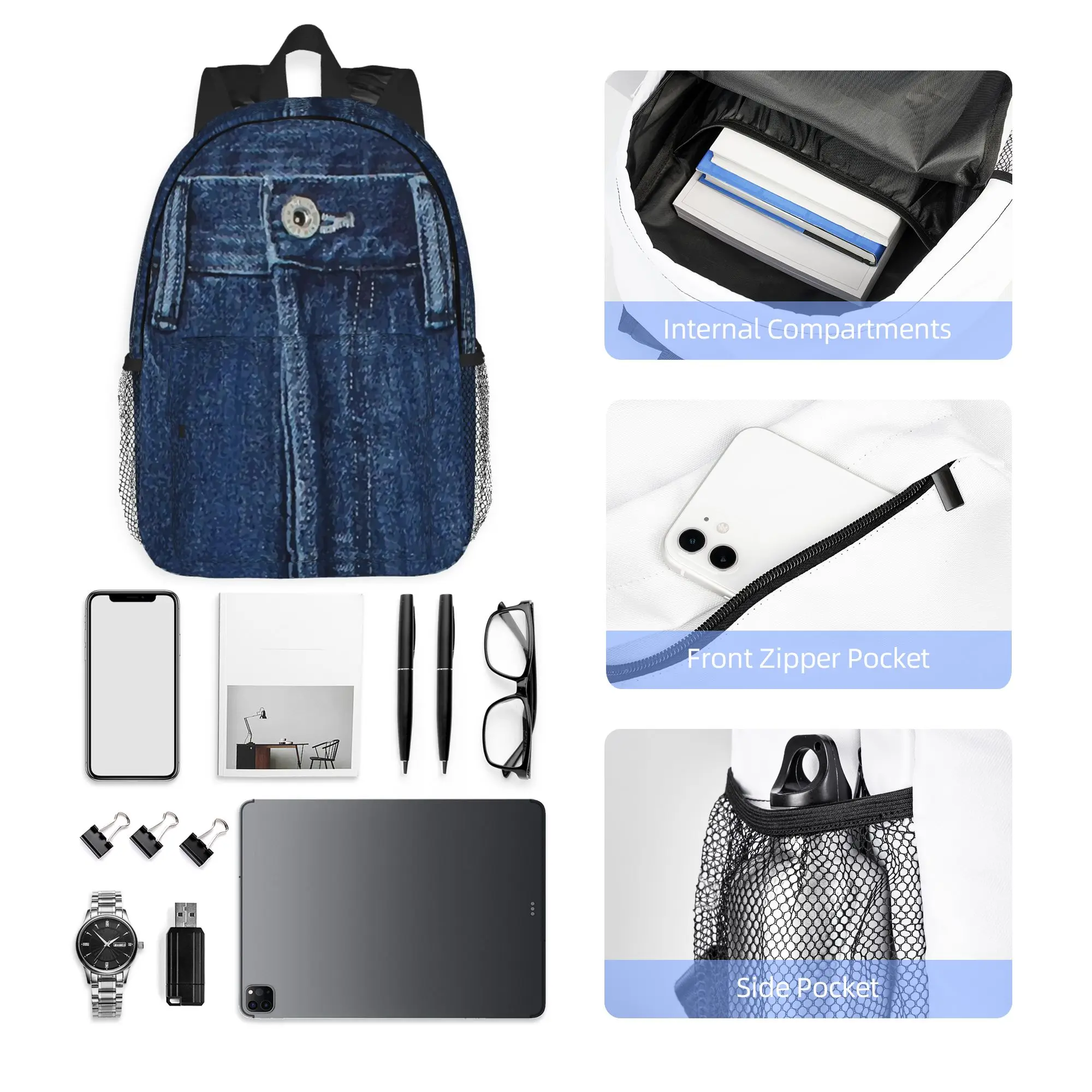 Blue denim classic jeans texture Backpack Hot Sale Daypack Large Capacity Boy Girl BookBag Shoulder Bag for Men Women School Bag