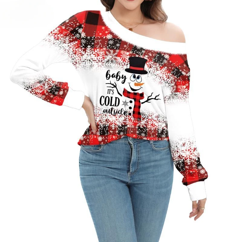 Snowman Christmas Graphic T-Shirts for Women Red Lattice Off Shoulder Shirts Autumn Casual Long Sleeve Xmas Tops Female Blouse