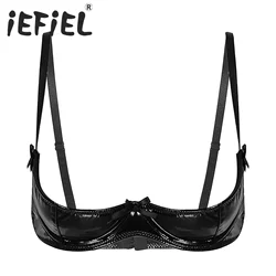 Women Sexy Wetlook Leather Bra Erotic Breast Exposing Ladies Open Cup Latex Bra Patent Leather Crop Tops Sexy Nightclub Bralette