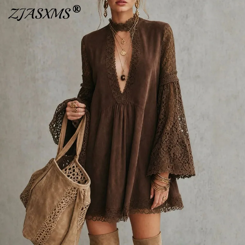 Boho Faux Suede Spliced Lace Dress Ladies Deep V Neck Flared Sleeve Loose Swing Short Dress Vintage Festival Holiday Solid Dress