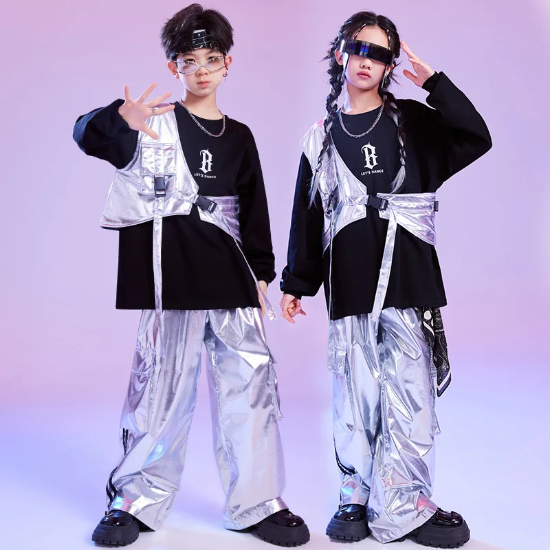 طفل الهيب هوب الملابس الفضة واحد الكتف سترة البلوز أعلى عارضة السراويل البضائع واسعة لفتاة صبي الجاز ملابس الرقص زي الملابس