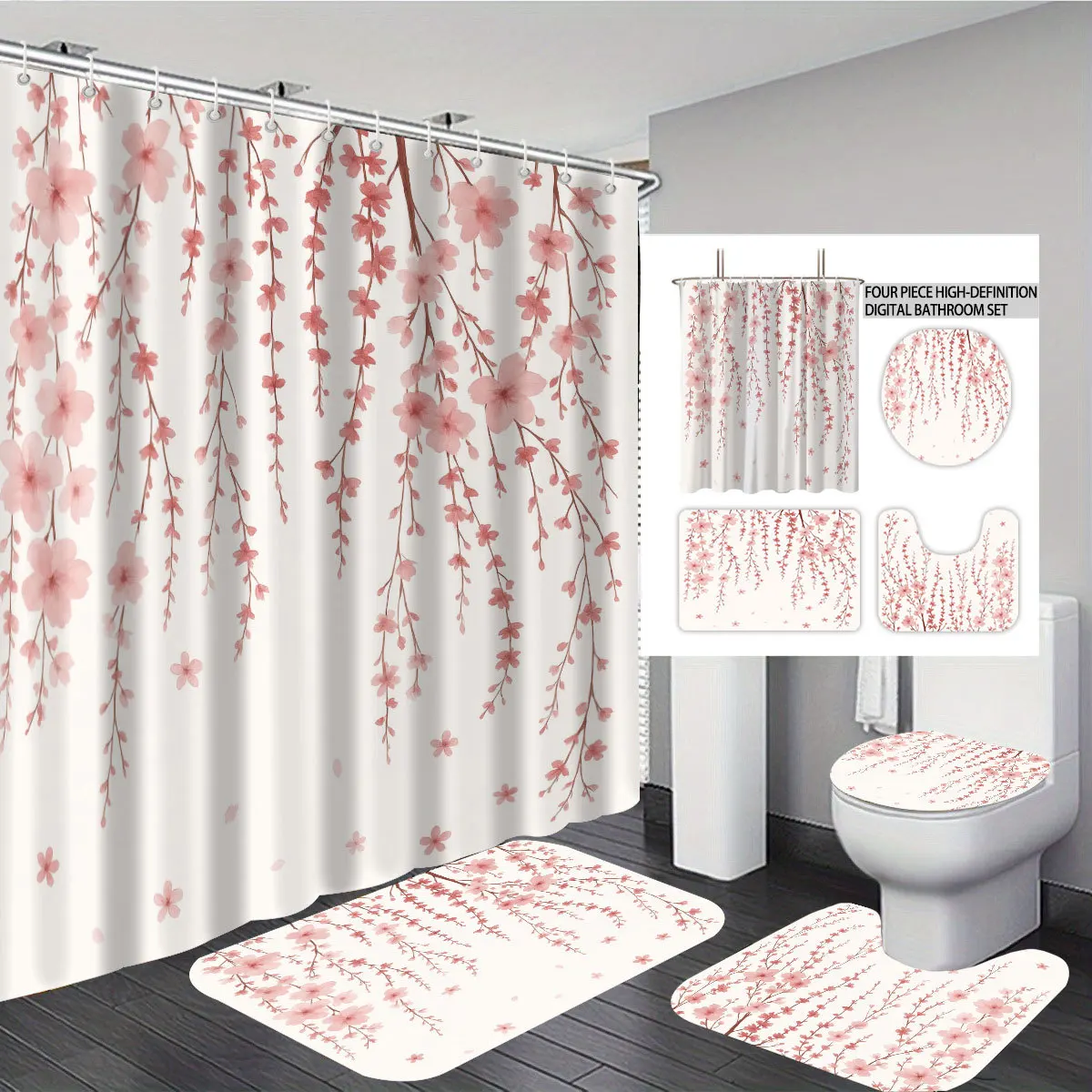 Polyester Shower Curtain, Floral Waterproof Quick Drying, Fade Mold Resistant, Washable Bathroom Decor Curtain with 12 Hooks