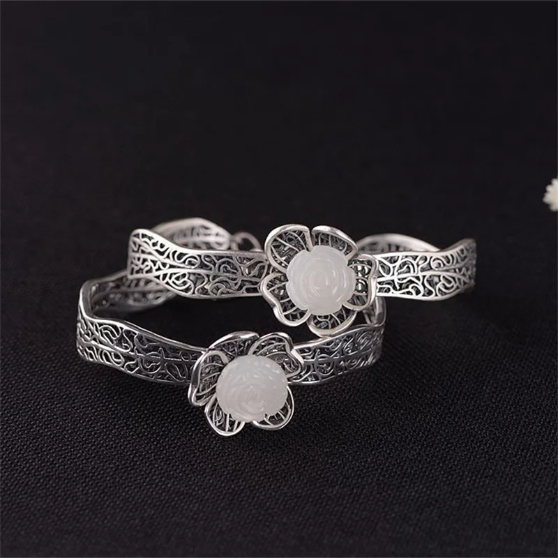 

Hollow Ethnic 990 Silver Lotus Bracelets for Women Natural Hotan Jade Ball Flower Lotus Bangles Thai Silver Lotus Leaf Flower