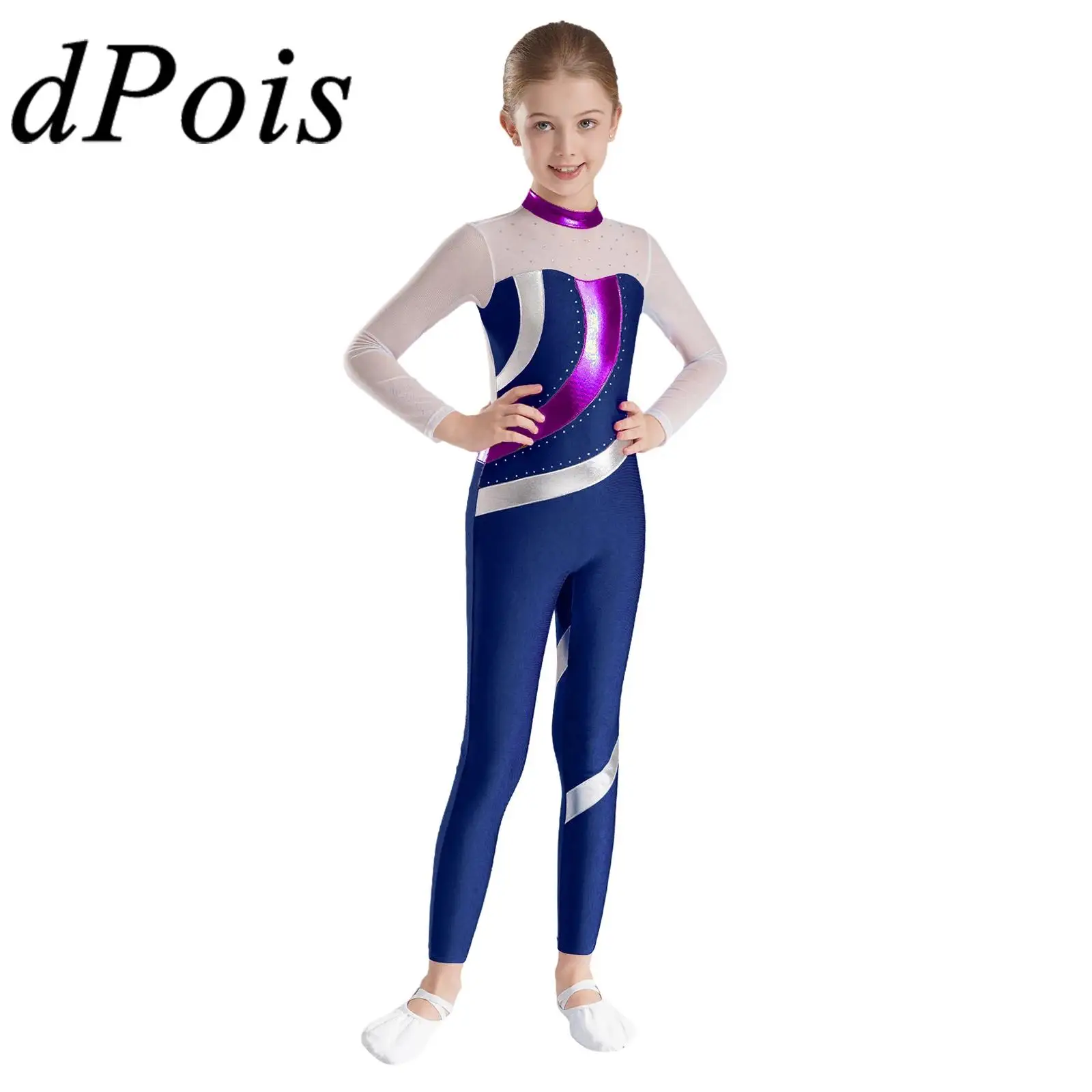 

Kids Girls Metallic Yoga Jumpsuit Sheer Mesh Patchwork Long Sleeve Ballet Gymnastics Bodysuit for Girl Figure Skating Leotards