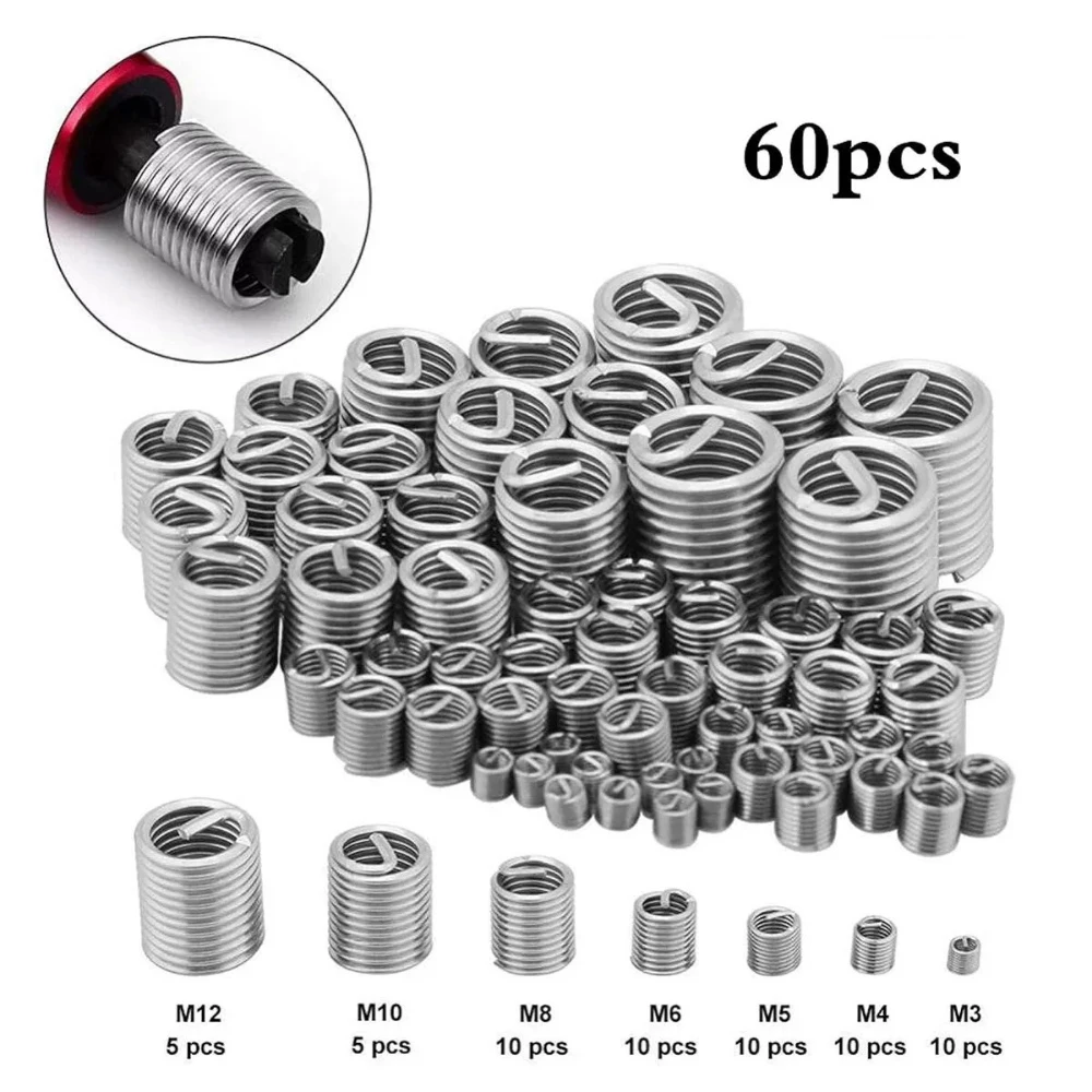 

60pcs Box M3-M12 Nut Sleeves 304 Stainless Steel Wire Screw Sleeves Threaded Inserts Sheaths Spiral Nut Sleeves Pitch 0.5-1.75mm