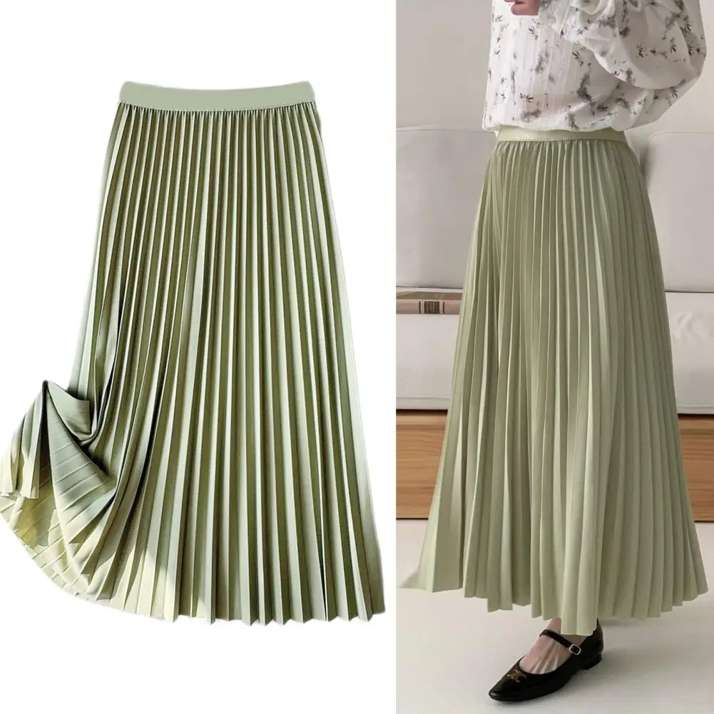 Chic Skirt Elastic High Waist Pleated Skirt for Women Solid Color A-line Midi Skirt with Loose Fit Stylish Mid-length Women Midi