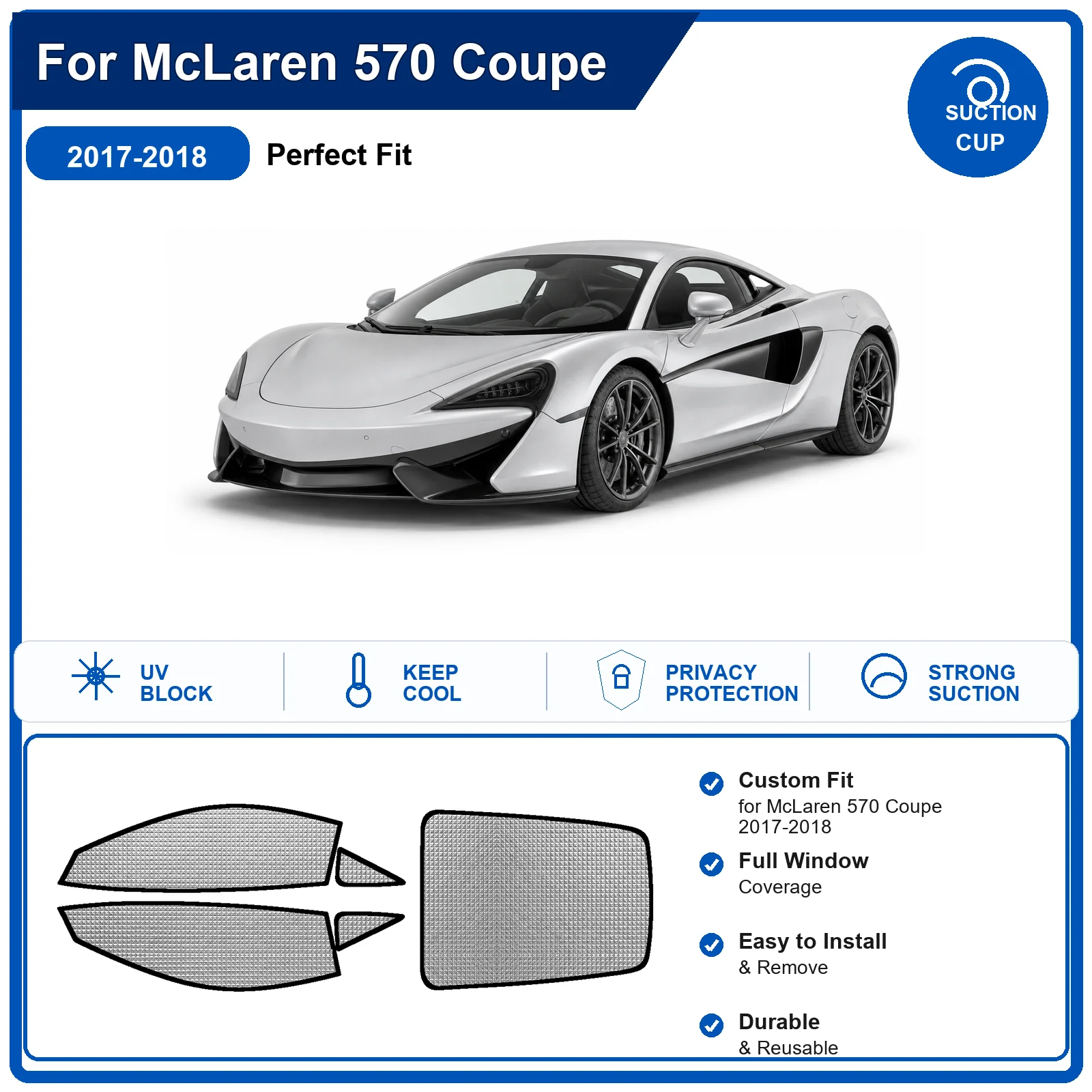 For McLaren 570 Coupe 2017-2018 Custom Full Set Windshield Sun Shade Aluminum Foil Heat Insulation Anti UV Foldable