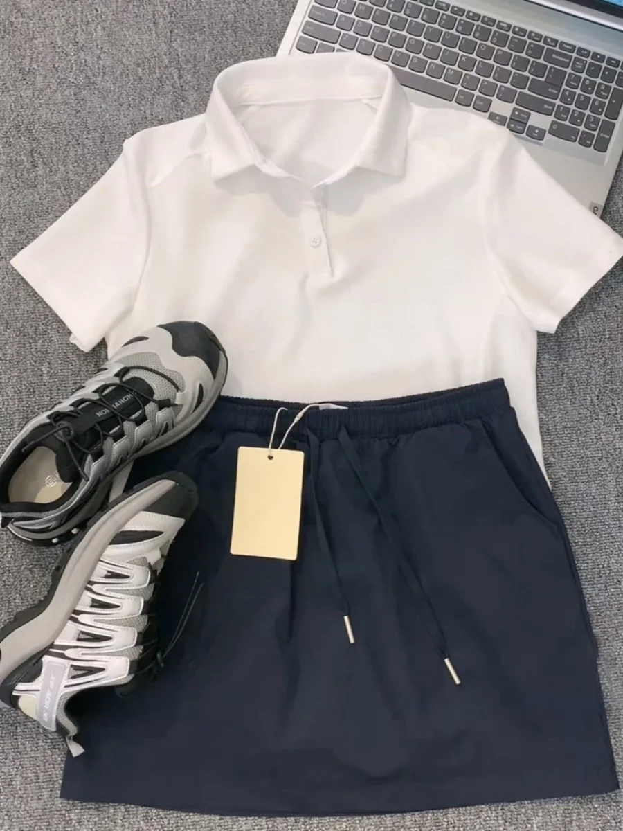 

Active Anti-Aging Sportswear Set Women Summer White Collar Short Sleeve T-Shirt Elastic Waist Skirt Two-Piece Set