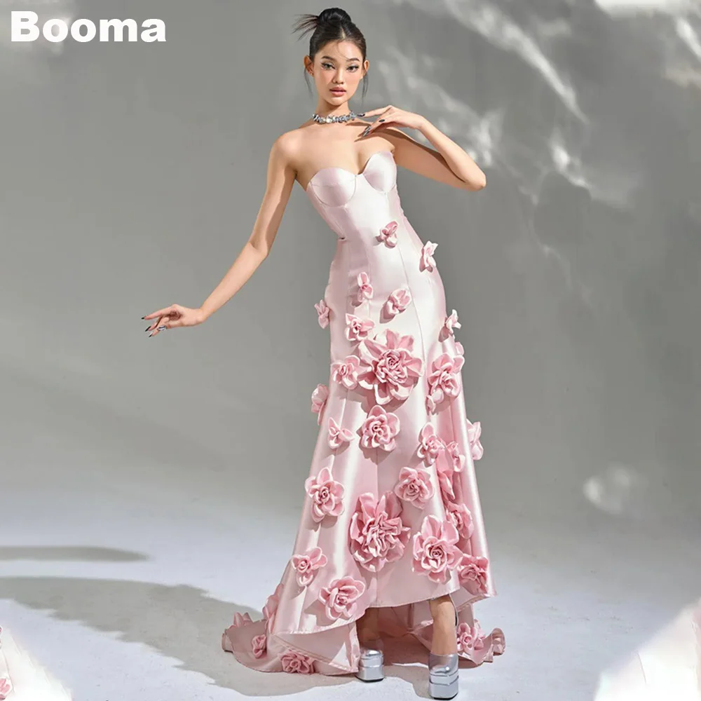 

Booma Pink Elegant Prom Dresses Sweetheat Sleeveless Wedding Party Dress 3D Flowers Lace Up Women's Evening Gowns with Train