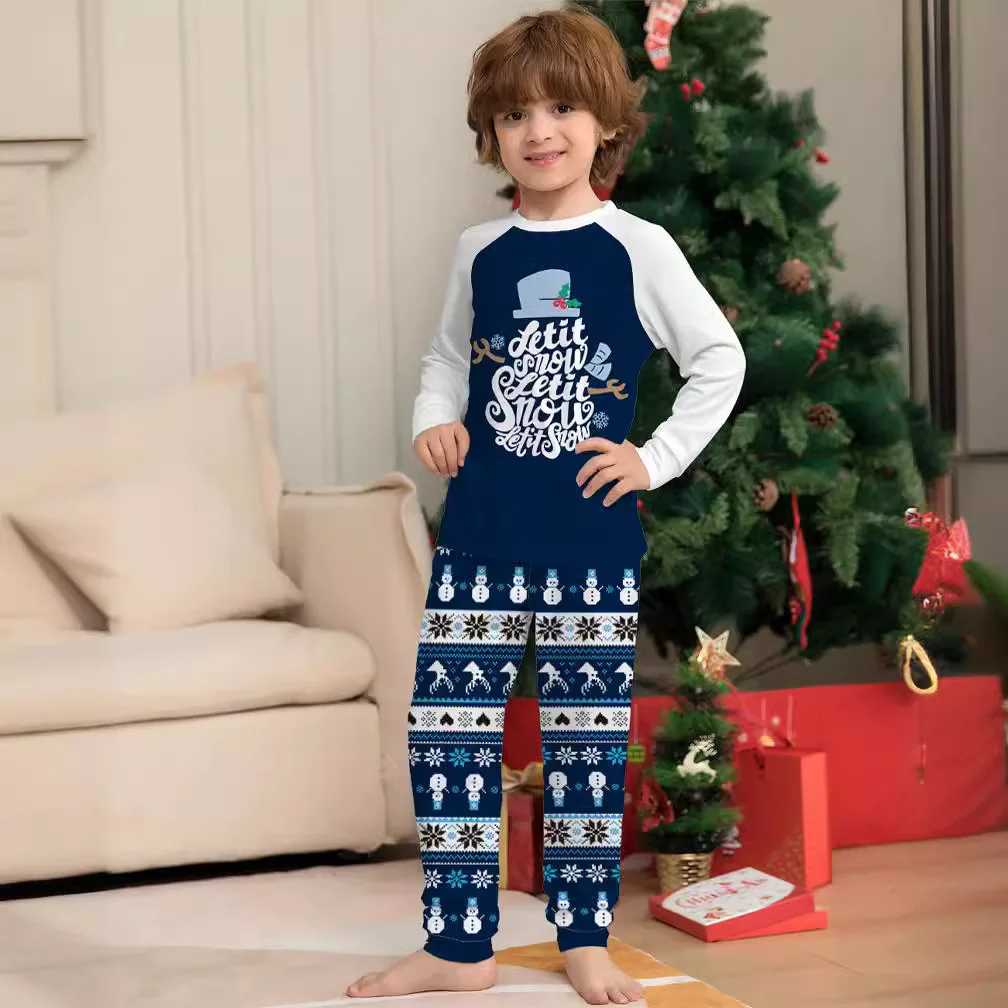 New blue cartoon letter printing family Christmas set European and American family holiday home wear pajamas