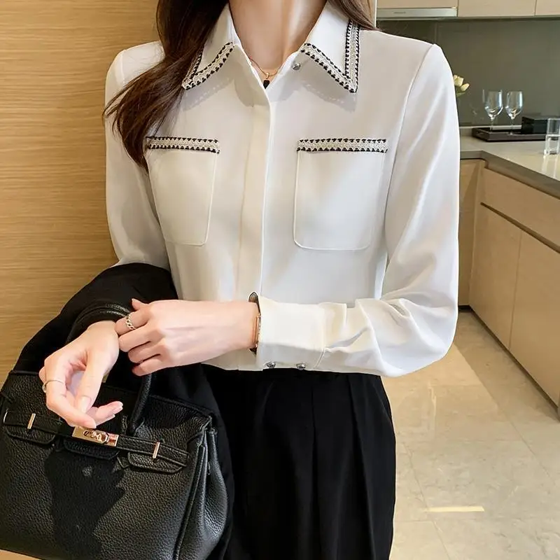 

White Chiffon Loose Long Sve irt Women's Autumn New Sle Other Material 00% Other Design Ne pe Faion Ladies' Pre...