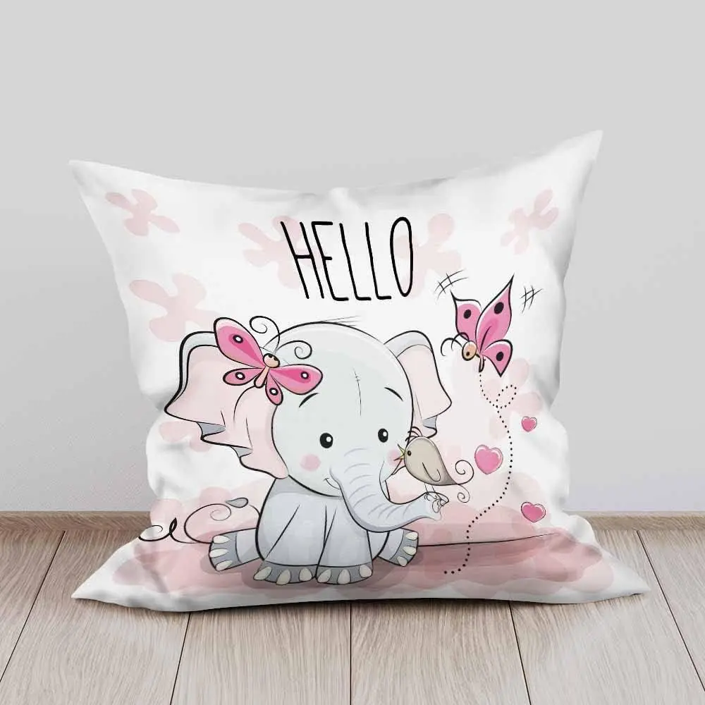 Square Cushion Cases Cute Cartoon Elephant with Bird and Pink Butterfly Pack,Throw Pillow Case Decor for Bedroom 45x45cm 18x18In