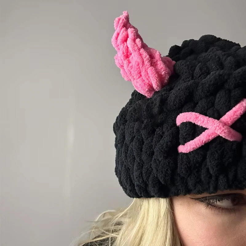 Winter knitted hat with cute little devil mask and thick and warm corners, suitable for both men and women for Christmas parties