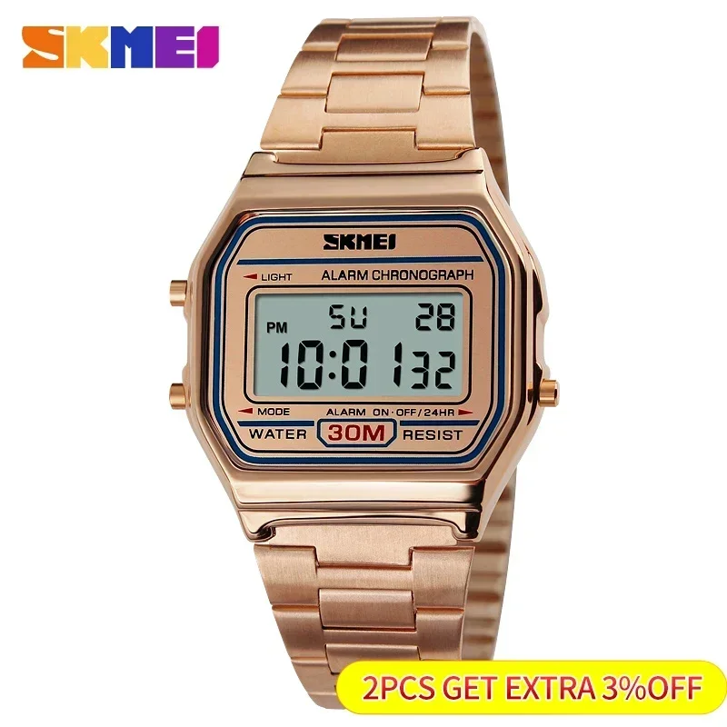 Skmei Fashion Men Stainless Steel Strap LED Display 3Bar Waterproof Digital Watch Reloj Hombre For Casual 1123 Sport Watches