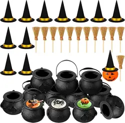 Halloween Candy Cauldron With Handle Mini Witch Hats Cute Broom Witch Craft Candy Bucket For Halloween Decorations Gift Kids