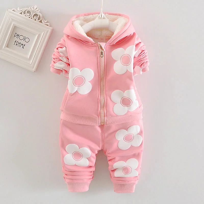 Kinder Mädchen Fleece-Gefütterter 3D-Gänseblümchen-Applikation Hoodie-Hosen-Anzug Kinder Warme Winterkleidung Set 80-120 – Detail 3