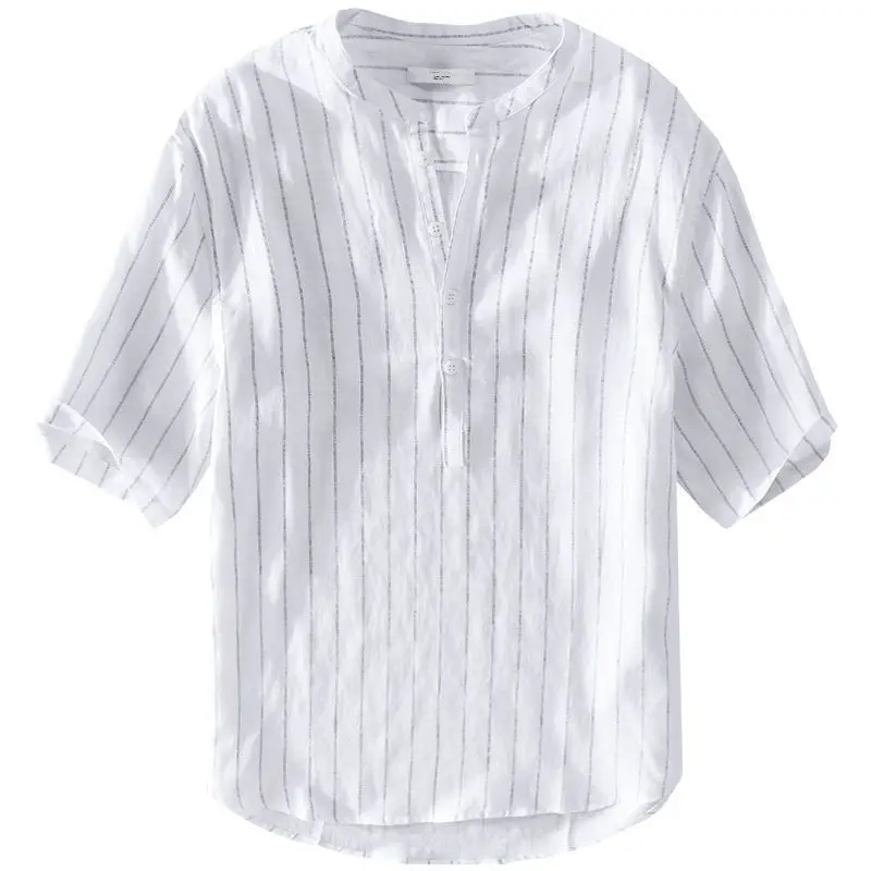 Fashionable Men's Tops Loose and Versatile Striped Stand Collar Short-sleeved Shirt for Men's Summer Fresh Breathable Pullover