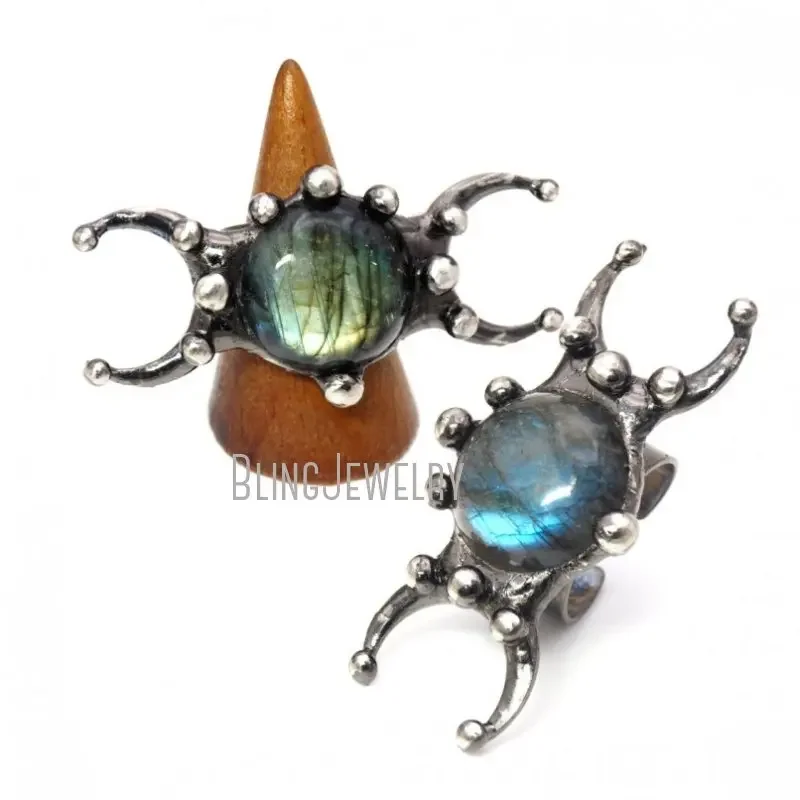 

10pcs Triple Moon Phase Goddess Women Men Cocktail Ring Labradorite Adjustable Statement Stainless Steel Jewelry