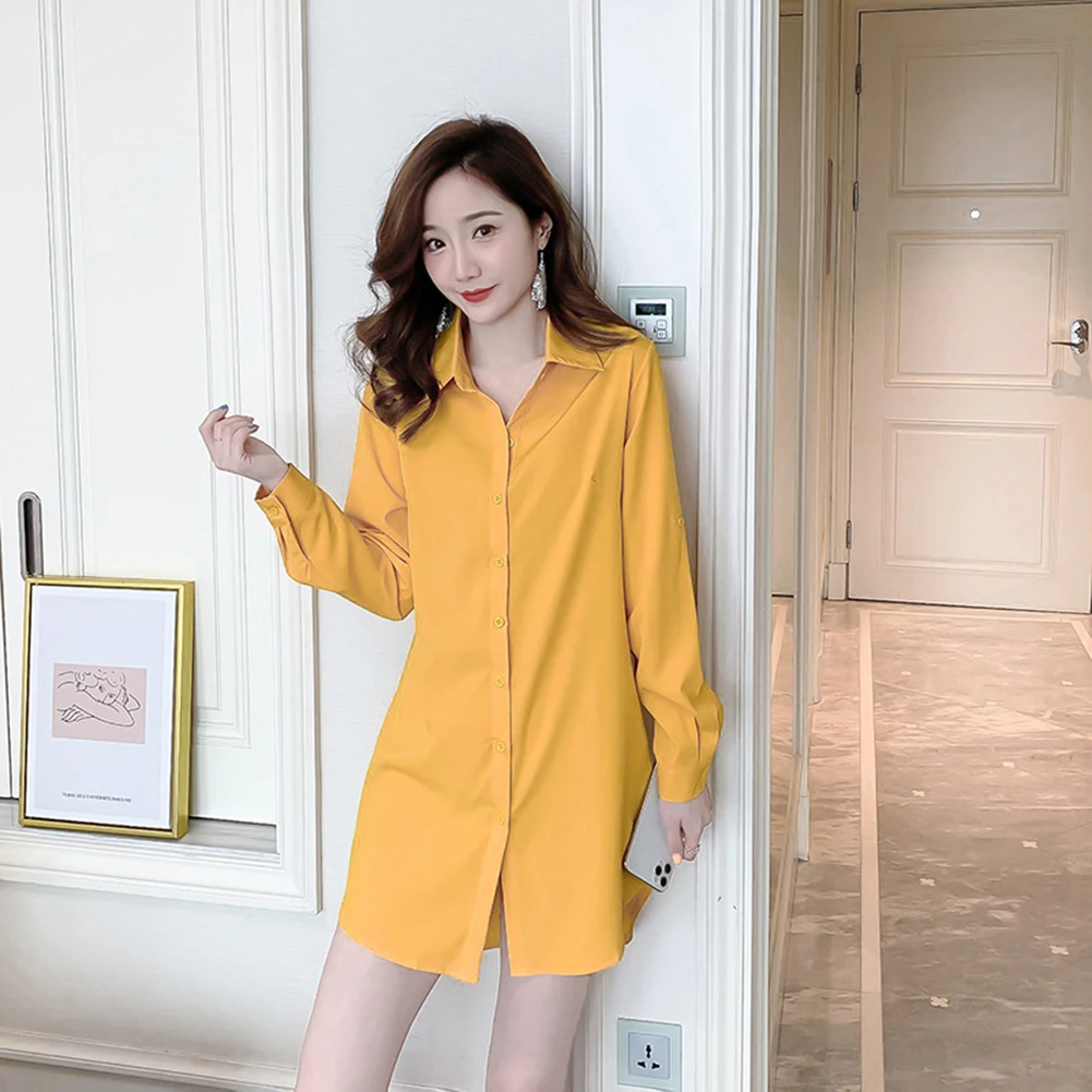 Women Ladies New Style Autumn Winter Shirt Loose Versatile Casual Middle Length Shirt Top Lapel Solid Color