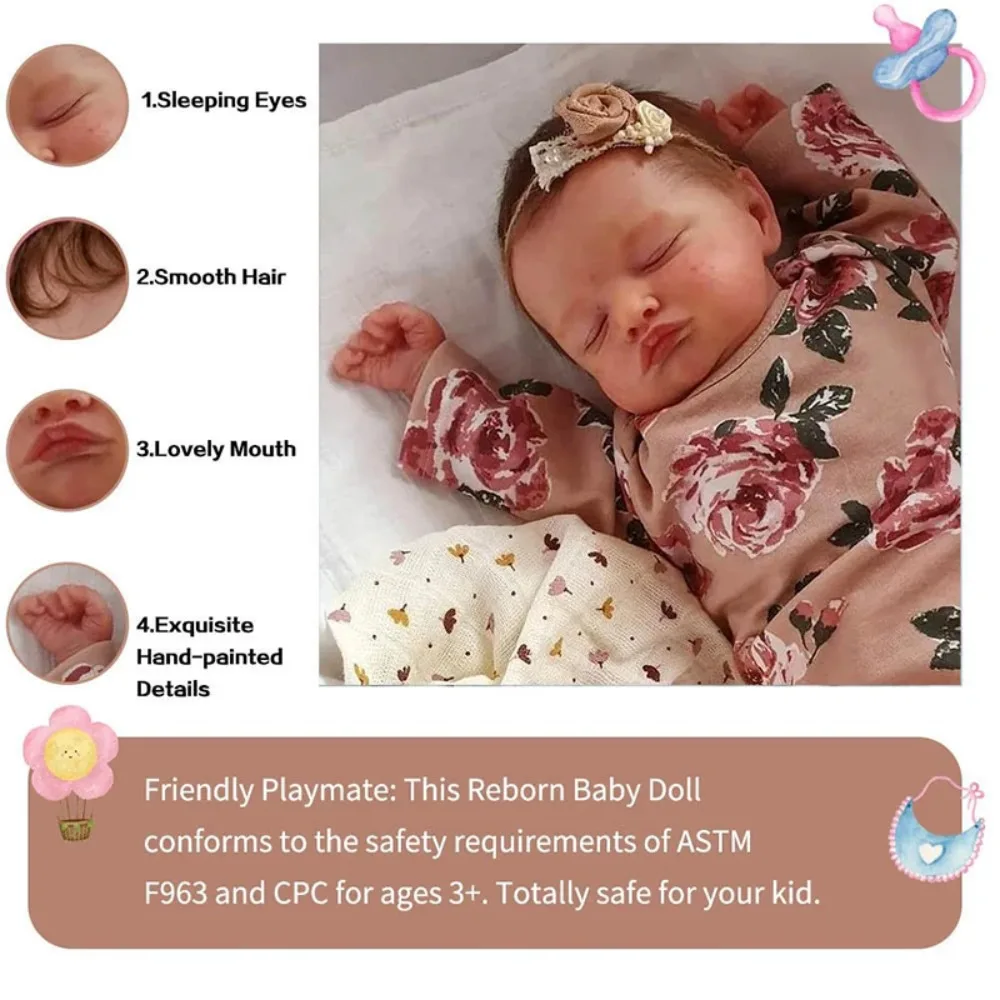 19inch Reborn Rosalie with Hand-Rooted Brown Hair Newborn Sleeping Baby Doll Girl Already Painted Veins Muñecas Bebe Reborn