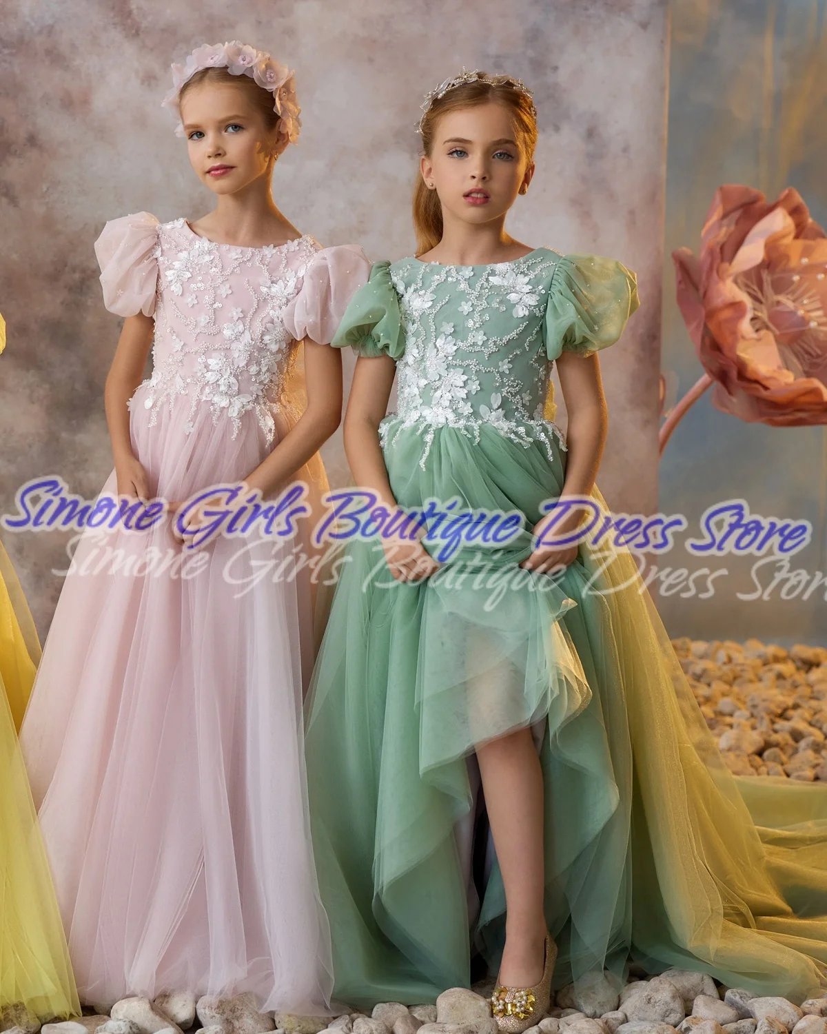 Желтое платье принцессы с открытой спиной и пышными рукавами, платье с цветочным узором для девочек для официальных приемов, дня рождения, танцевальных выступлений, вечеринок