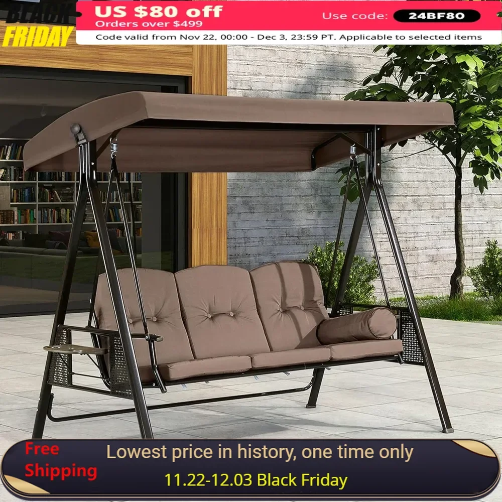 

3-Seat Outdoor Porch Swing with Hardtop, Weather Resistant Steel Frame, Adjustable Tilt Canopy, Cushions, Pillow, Outdoor Swing