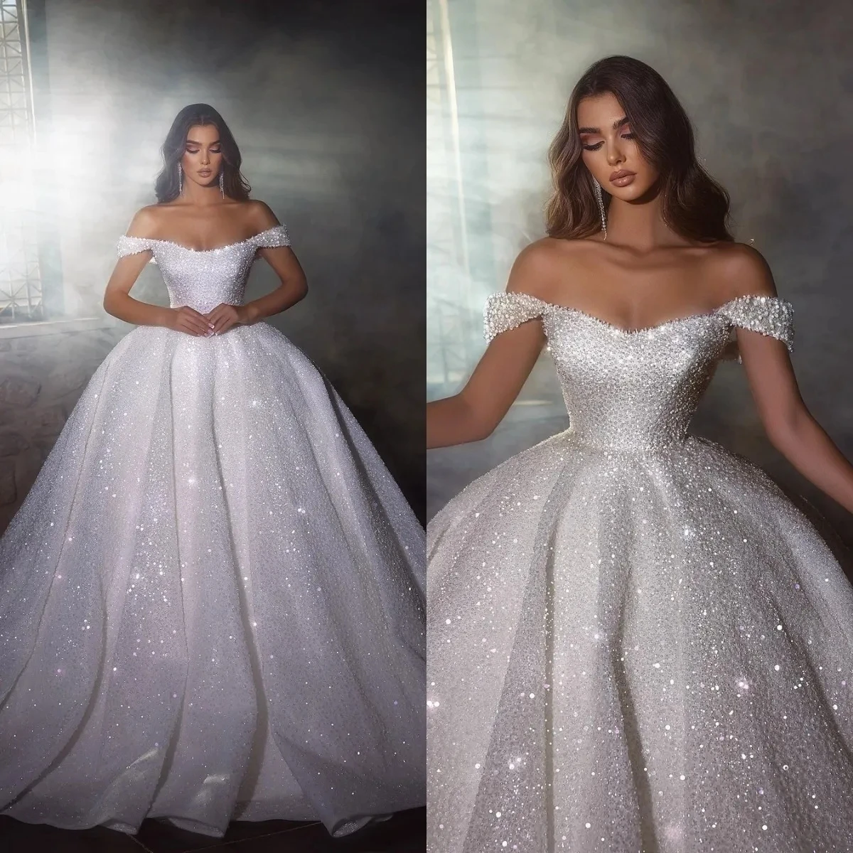 

Luxury Wedding Dresses Glitter Dubai Princess Bridal Gowns Off The Shoulder Custom Made Vestido De Novia