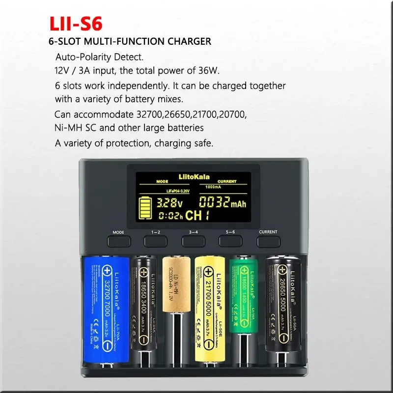 LiitoKala Lii-S6 3.2V 3.7V 18650 inteligentna ładowarka 6-gniazdo automatyczne wykrywanie polaryzacji 26650 21700 18500 14500 20700 bateria AA AAA