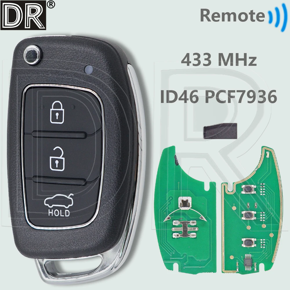 

Автомобильный ключ-пульт с чипом DR 433 МГц ID46 PCF7936 для Hyundai Sonata, Elantra, Santa Fe, New IX25, IX35, IX45