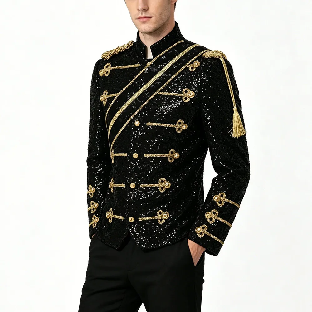 

Men's Glitter Black White Sequins Blazers Star Singer Bar Nightclub Concert Shiny Suit Jacket Evening Party Tuxedo Costume