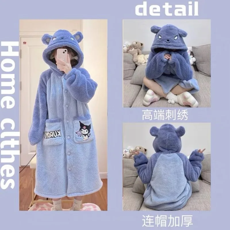 

Зимняя коралловая бархатная ночная рубашка Kuromi для девочек и студентов, милые пижамы с героями мультфильмов, свободная удобная утолщенная теплая домашняя одежда