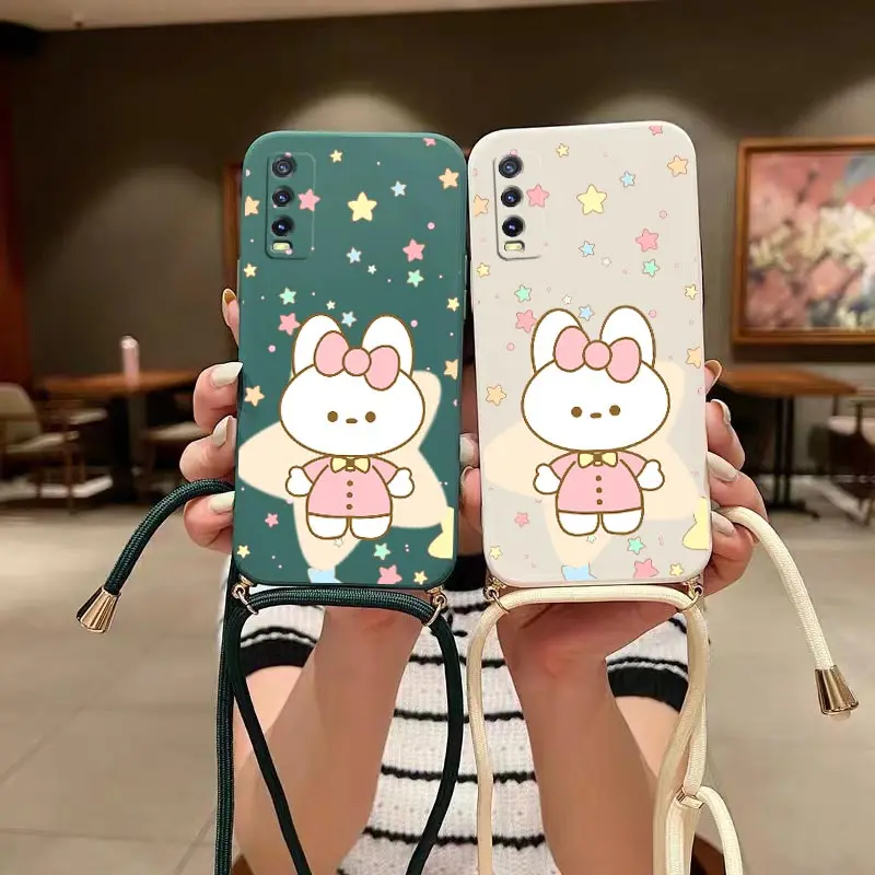 Y20 Little White Rabbit Lanyard Silicone Phone Case For VIVO Y20 Y20i Y21T V30E V25 Y78 V21 Y35 Y53 Y76 Y18 Y22 Y20S V23 Cover