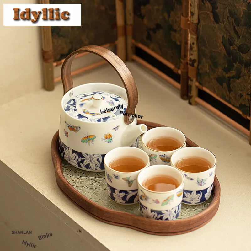 Jade Porcelain Blue And White Butterfly Dance Tea Set Complete Set Boutique Tea Ceremony Set Teapot And Tea Cup Set For Tea Gift