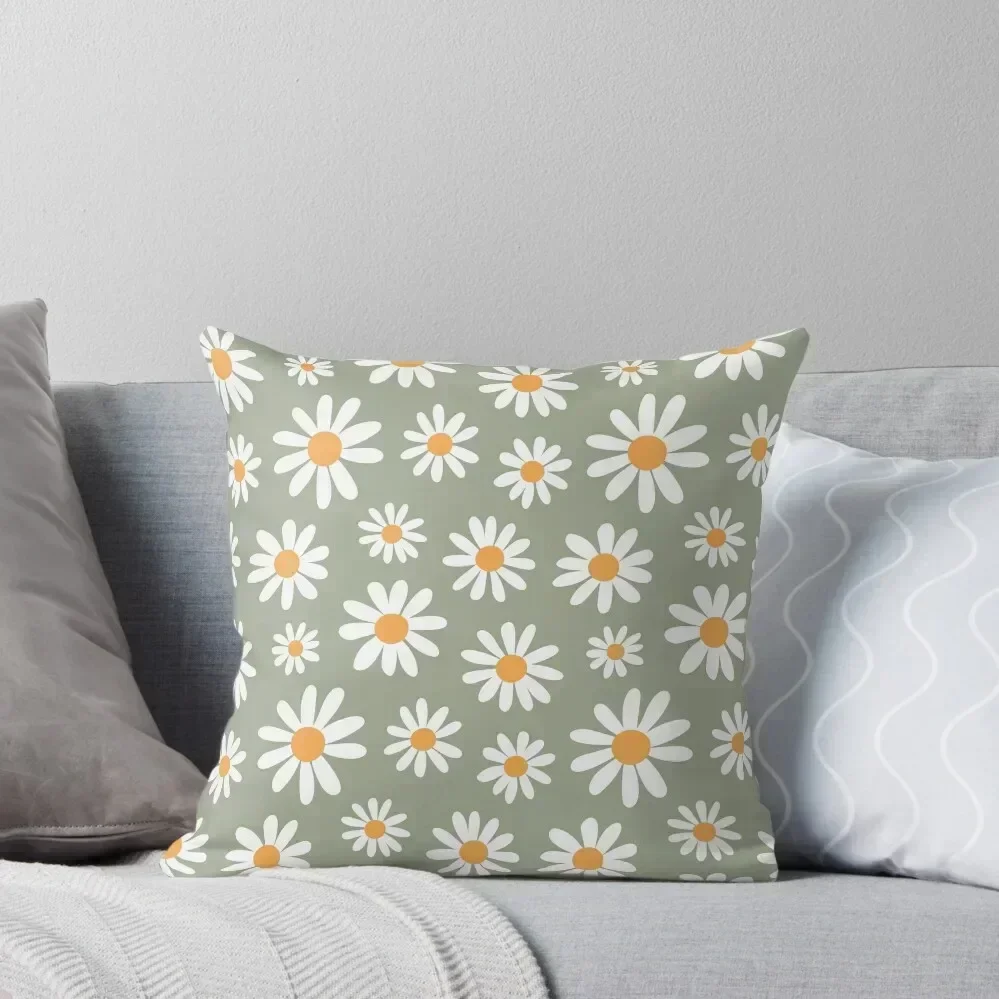 

Spring daisies floral retro pattern on sage green Throw Pillow Cushions Cover pillow