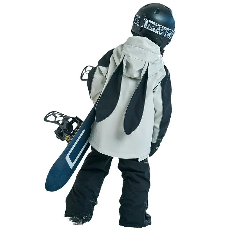 

Thickened Black and White Glow-in-the-DarkWindproof Rabbit Ear Ski Jacket for Kids- Breathable Cute Rabbit Design Withfor Warmth