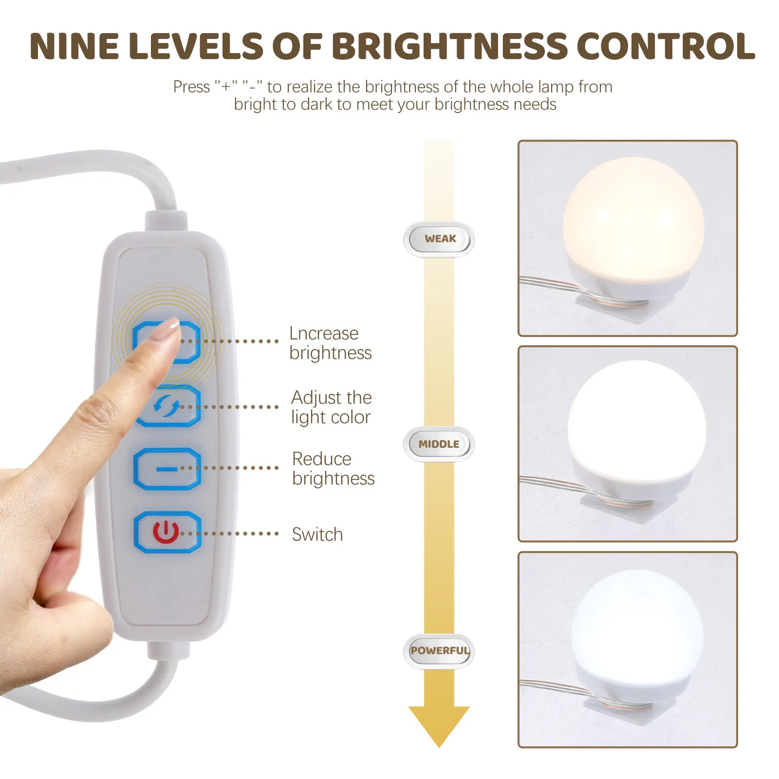 1Set Makeup Mirror Light Adjustable LED Vanity Lamp Battery Powered USB Brightness Control Front Dressing Cabinet Light
