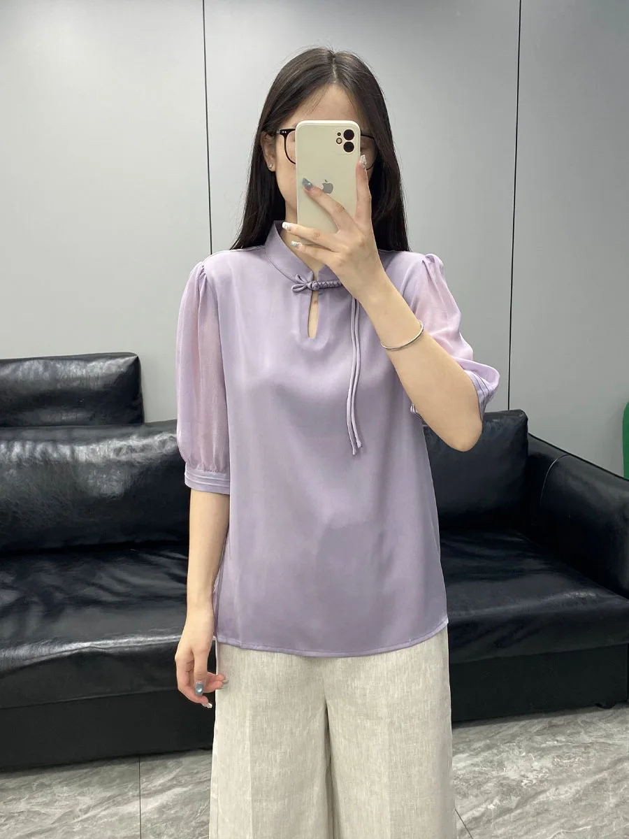 

Новая китайская шелковая сатиновая рубашка-поло с воротником-стойкой, на пуговицах, удобная, дышащая, однотонная, простая в уходе