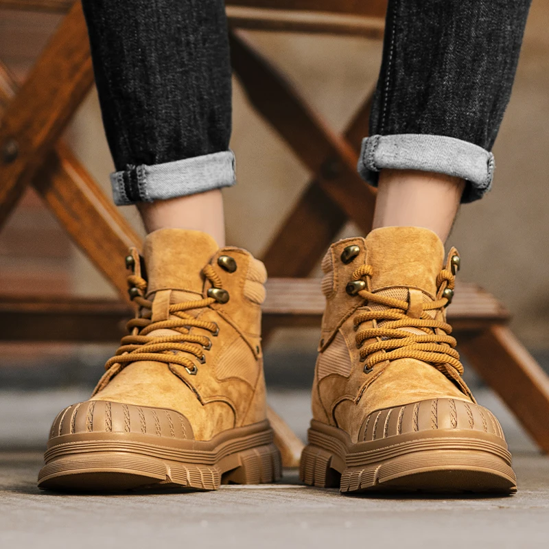 Мужские рабочие ботинки для альпинизма на открытом воздухе: новые большие желтые ботинки 2025 года, прочная рабочая обувь в британском стиле с высоким берцем, увеличивающая рост
