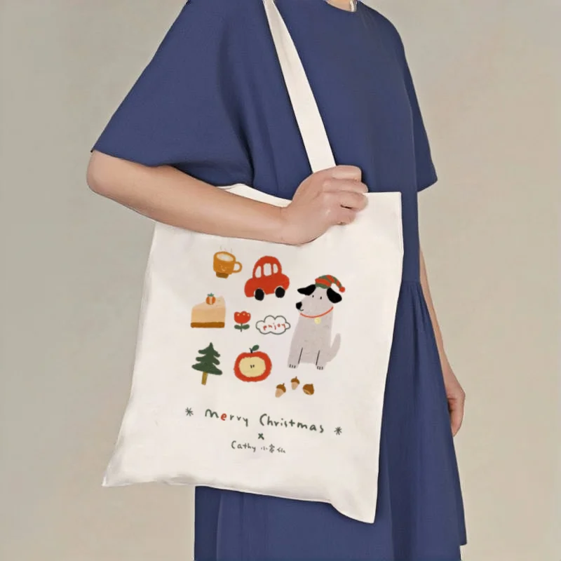 

1pc Merry Christmas Dog Print Canvas Tote Bag, Double-Sided Printed Shoulder Shopper, Reusable Handbag