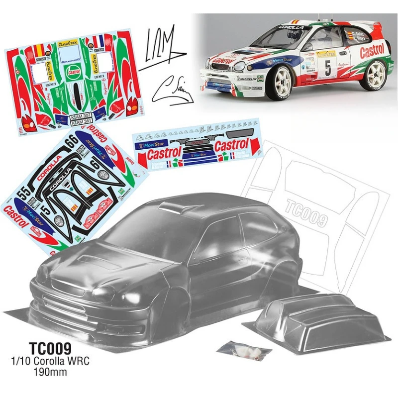 TC009 1/10 Toyuta Corolla WRC Clear Body shell 190mm W/Rear Wing +3D Mirrors and Decal sheet for RC Rally Car 239mm Chassis