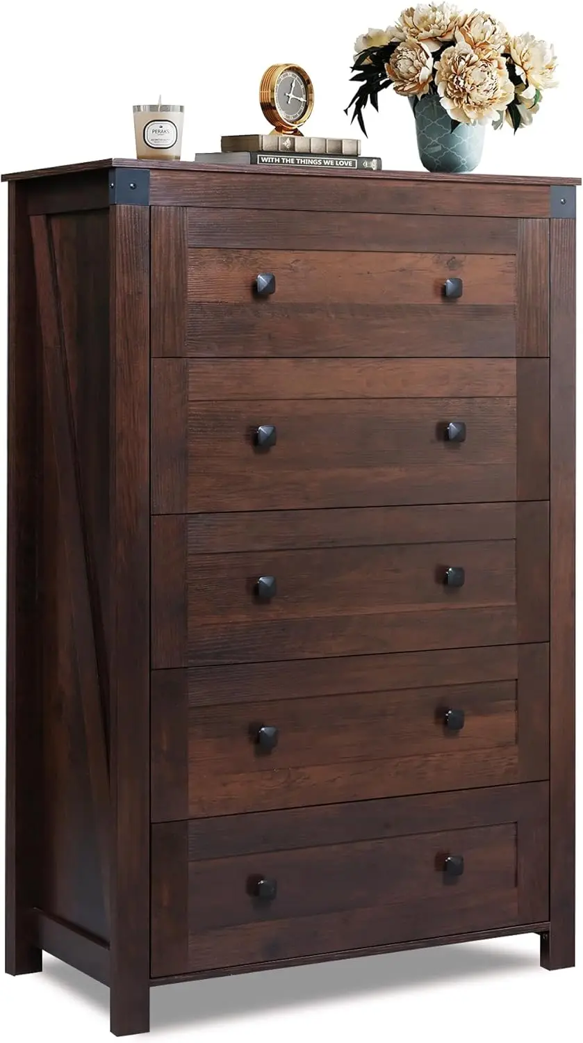 

Farmhouse Brown Dresser for Bedroom, 5 Drawer Dresser Storage Organizer, Tall Wood Dressers with Double Rustic Handle, C