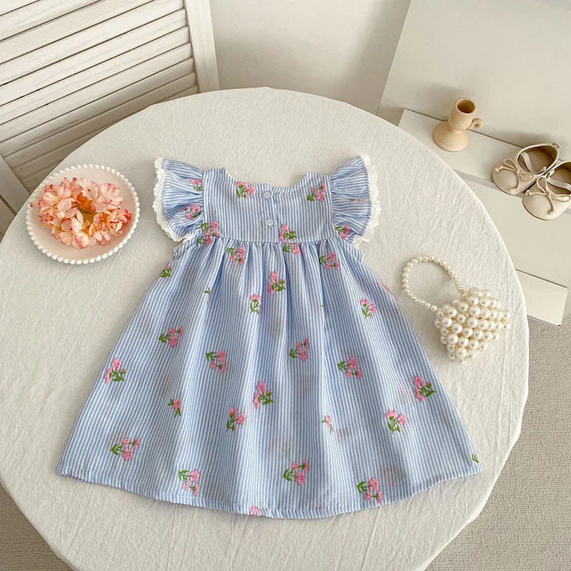 2026 New Summer 2-6Yrs Princess Round Neck Dress Striped Baby Girl Dress Flying Sleeve Cotton Embroidery Blue Sweet Dress
