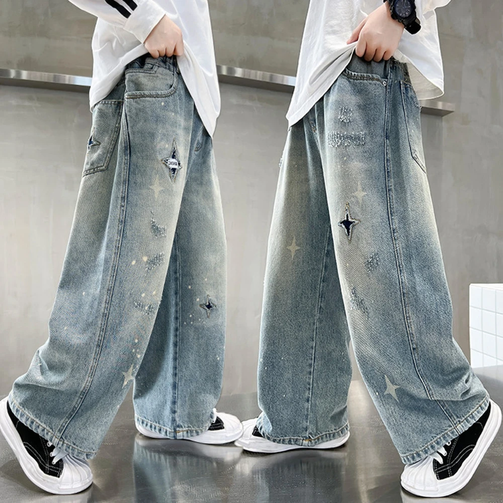 Teenager Kids Designer Boys Stylish Ripped Jeans with Stars Pattern Tweens Children Fashion Straight Denim Pants Age 5- 14 Y