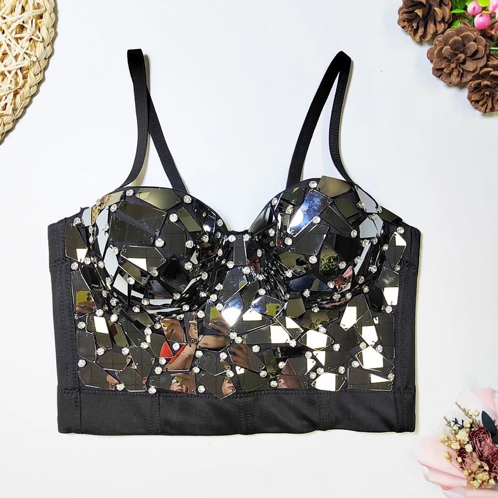 Sparkling Rhinestone Acrylic Beaded Bustier Mirror Lens Fishbone Halter Top Sexy, Form-Fitting, Slimming Party Dress