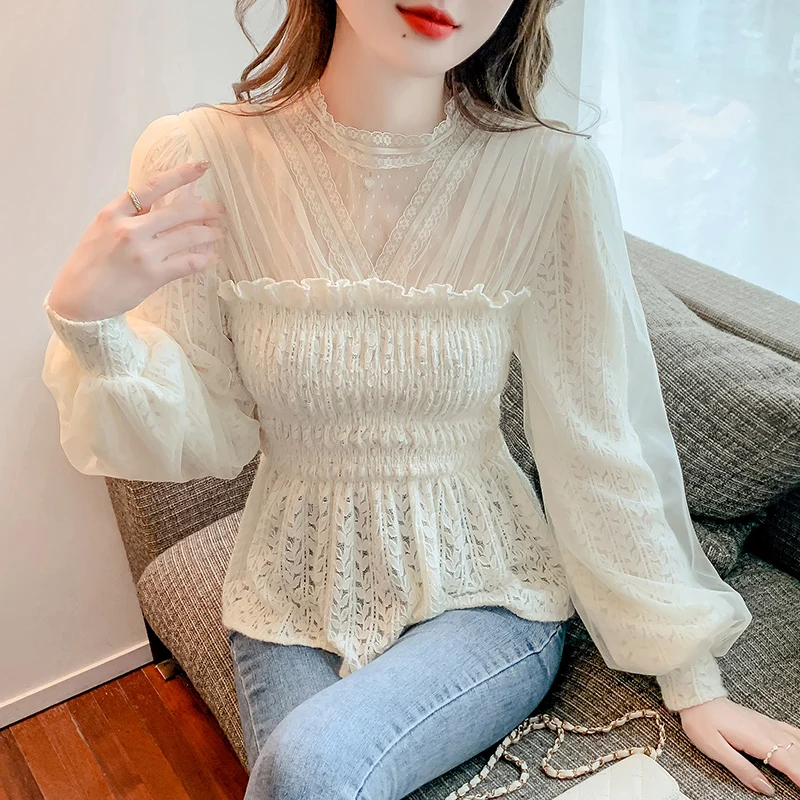 Fashion 2023 Elegant Lace Crocheted Hollow Out Top Stand-up Collar White Blouse Woman Sweet Long Sleeve Shirts Blusas