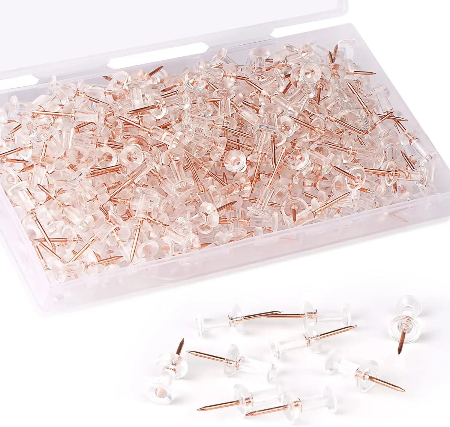 100Pcs Push Pins Thumb Tacks Standard Pins Rose Gold Steel Point and Transparent Plastic Head for Cork Board Wall Map Pins