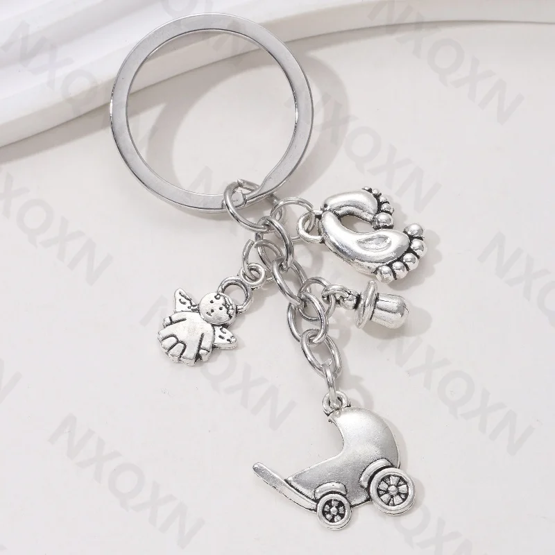 Classic Baby Stroller Little Angel Pacifier Feet Alloy Keychain Silver Color Key Ring For Women Men Handmade Jewelry Set