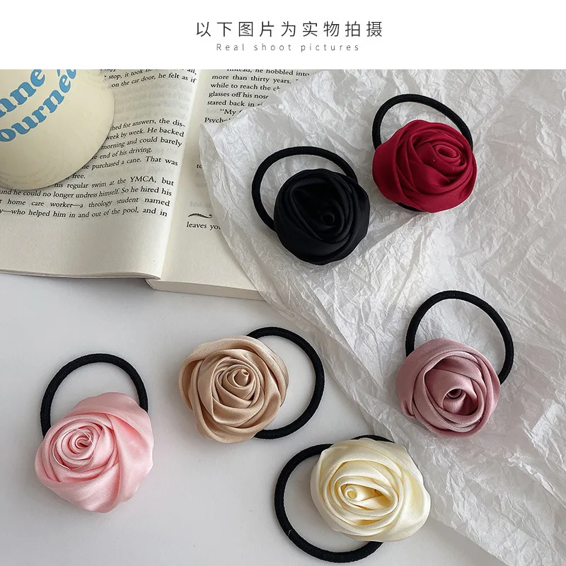 Rose Blume Kopf Seil Französisch Stil Retro Sanfte Blume Darm Haar Ring Künstlerische Satin Glanz Haarband Frau Haar Seil
