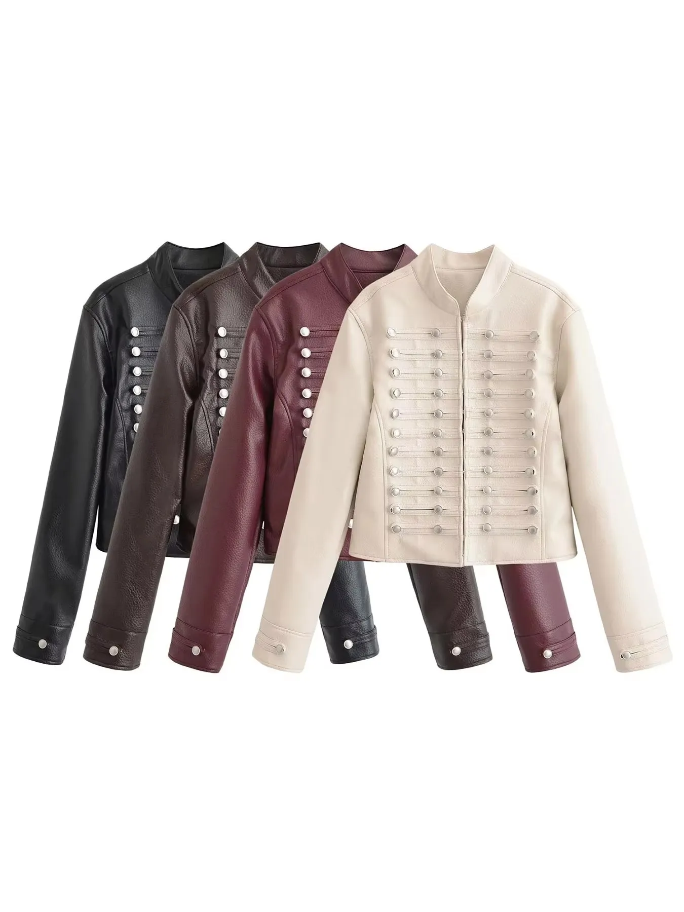 HH Vintage Women Faux Leather Coat Stand Neck Covered Button Slim Long Sleeve Fashion Party Jacket Casual Autumn Outerwear