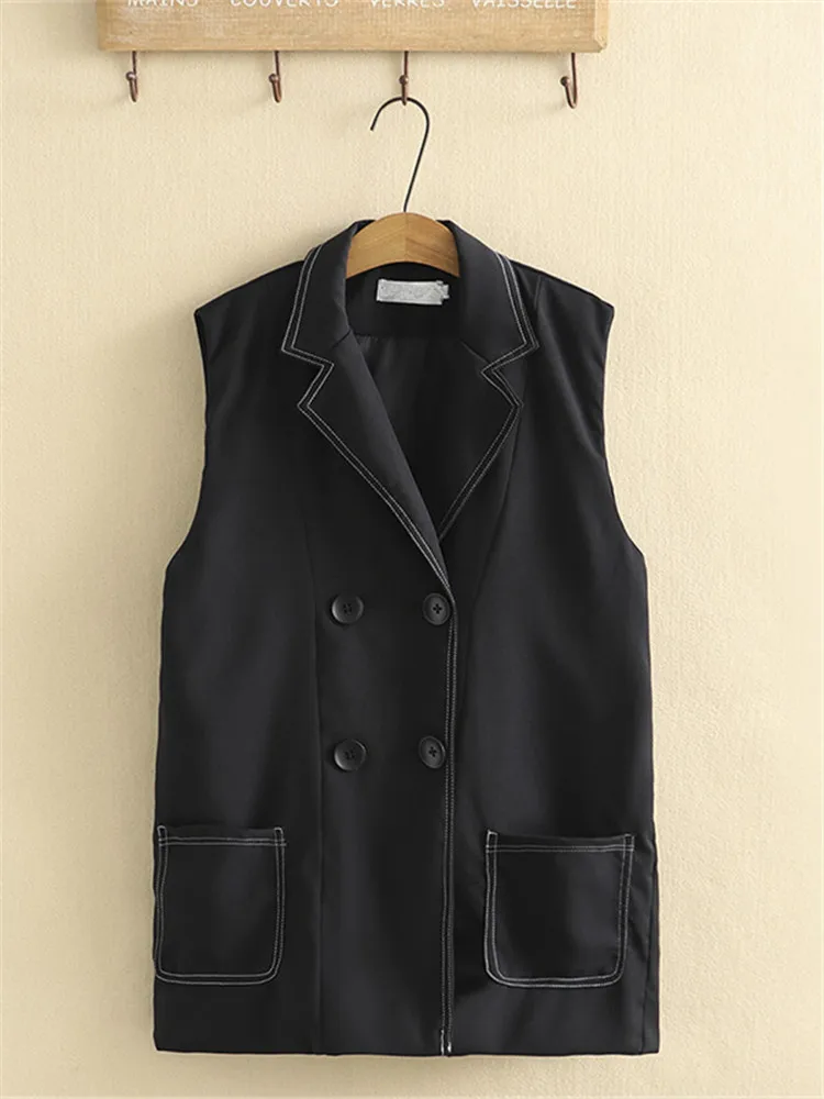 

Plus Size Clothing In Spring And Autumn Wear Sleeveless Coat Double Breasted Solid Color Contrasting Thread Trim Large Size Vest